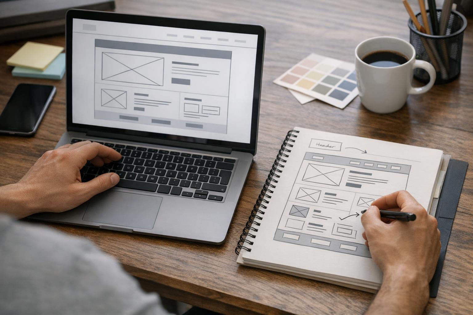 Zdjęcie przedstawiające proces projektowania strony na laptopie i kartce z notatkami