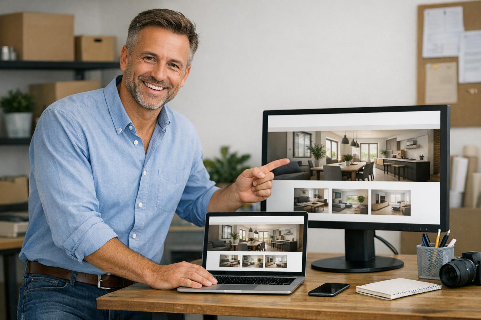 Zdjęcie przedstawiające właściciela małej firmy prezentującego swoją nową stronę internetową