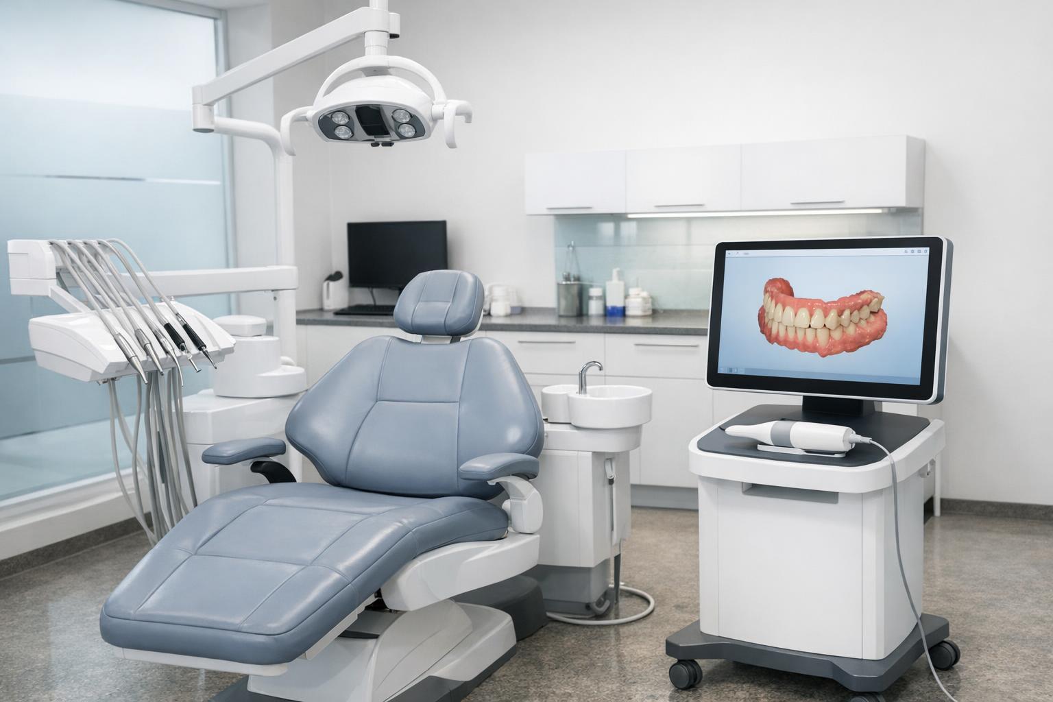 zdjęcie gabinetu ortodontycznego z fotelem i skanerem 3D