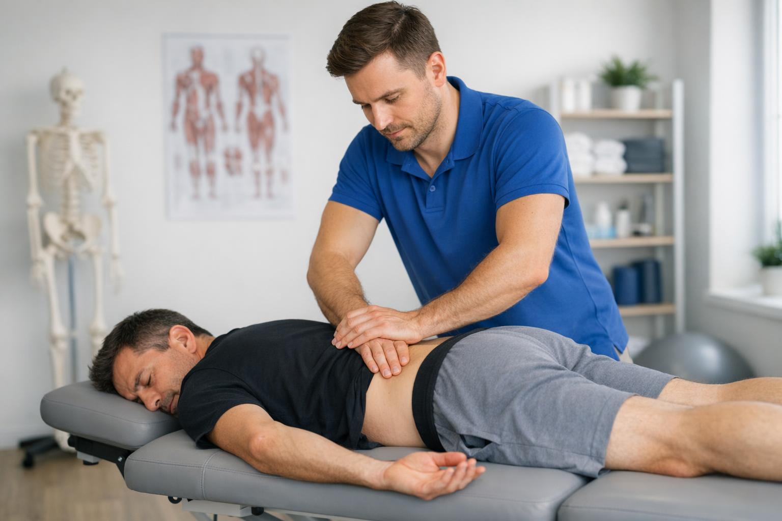 fizjoterapeuta wykonujący terapię manualną pacjentowi przy stole terapeutycznym